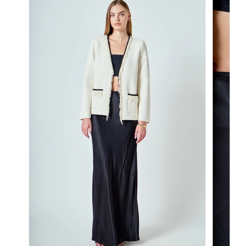 Patte D Pearl Trim Fringe Knit Silk Cardigan Cream Black Petite